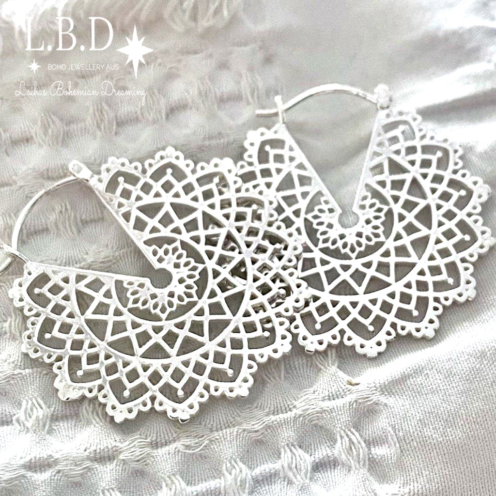 Laihas Prestige Bohemian Lace Mandala Hoop Earrings 38mm Sterling Silver Earrings Laihas Bohemian Dreaming -L.B.D