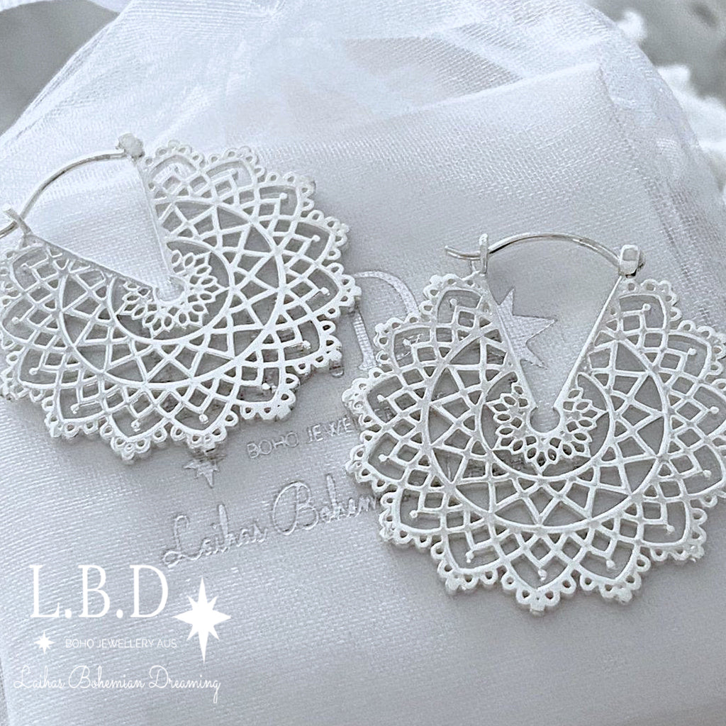 Laihas Prestige Bohemian Lace Mandala Hoop Earrings 38mm Sterling Silver Earrings Laihas Bohemian Dreaming -L.B.D
