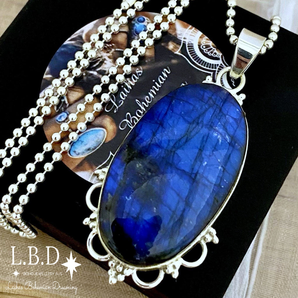 Laihas XXLARGE Boho Oval Labradorite Necklace Gemstone Sterling Silver necklace Laihas Bohemian Dreaming -L.B.D