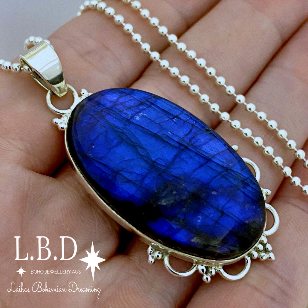 Laihas XXLARGE Boho Oval Labradorite Necklace Gemstone Sterling Silver necklace Laihas Bohemian Dreaming -L.B.D