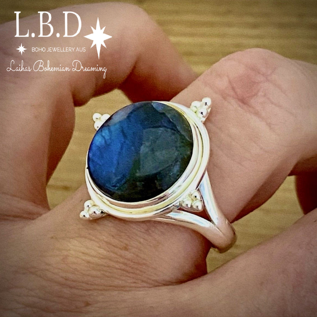 Laihas Zahli Round Labradorite Ring Gemstone Sterling Silver Ring Laihas Bohemian Dreaming -L.B.D