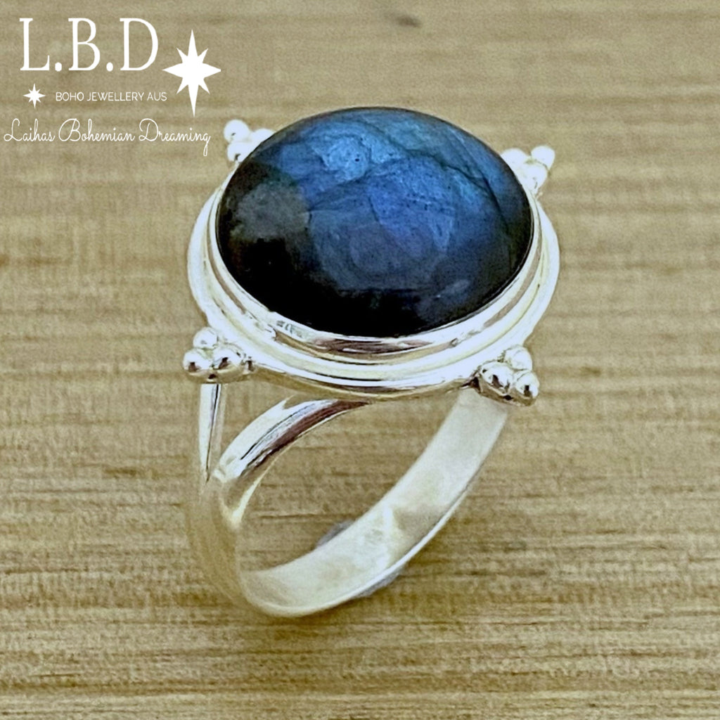 Laihas Zahli Round Labradorite Ring Gemstone Sterling Silver Ring Laihas Bohemian Dreaming -L.B.D