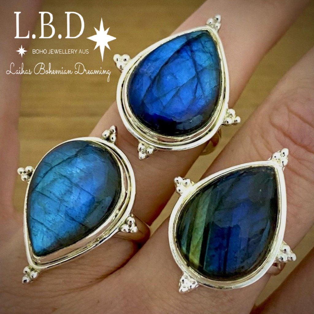 Laihas Zahli Raindrop Labradorite Ring Gemstone Sterling Silver Ring Laihas Bohemian Dreaming -L.B.D