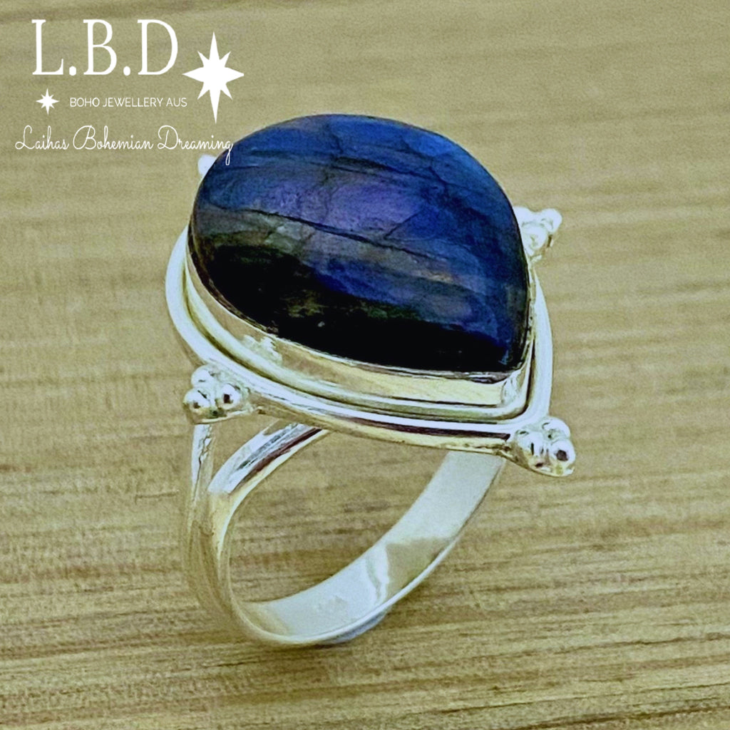 Laihas Zahli Raindrop Labradorite Ring Gemstone Sterling Silver Ring Laihas Bohemian Dreaming -L.B.D