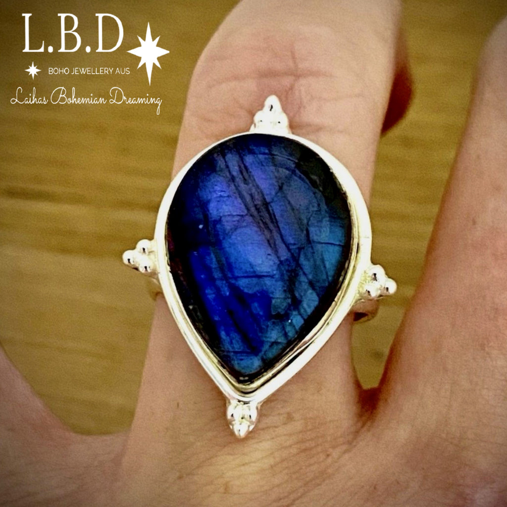 Laihas Zahli Raindrop Labradorite Ring Gemstone Sterling Silver Ring Laihas Bohemian Dreaming -L.B.D