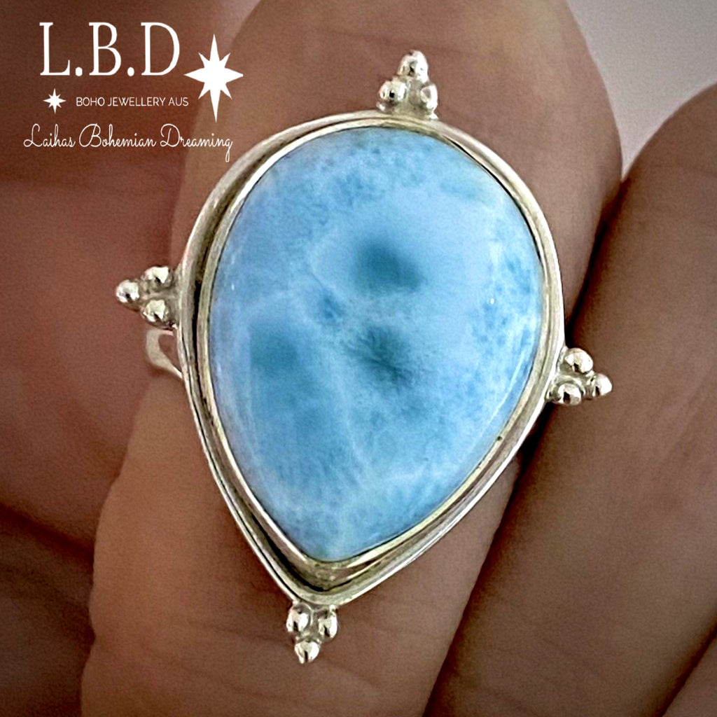 Laihas Zahli Raindrop Larimar Ring Gemstone Sterling Silver Ring Laihas Bohemian Dreaming -L.B.D
