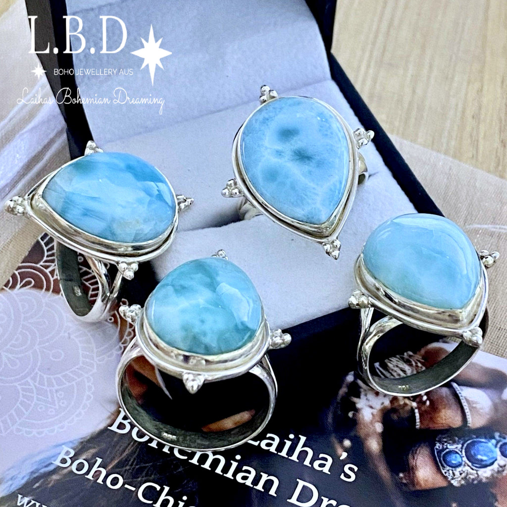 Laihas Zahli Raindrop Larimar Ring Gemstone Sterling Silver Ring Laihas Bohemian Dreaming -L.B.D