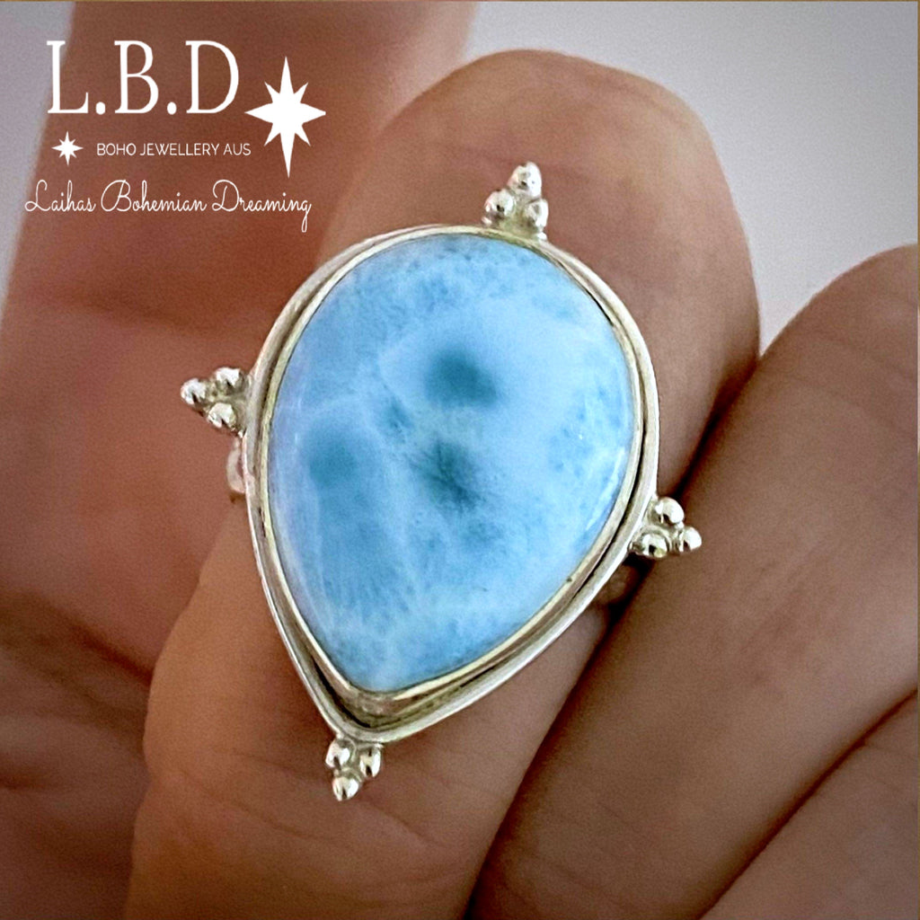 Laihas Zahli Raindrop Larimar Ring Gemstone Sterling Silver Ring Laihas Bohemian Dreaming -L.B.D
