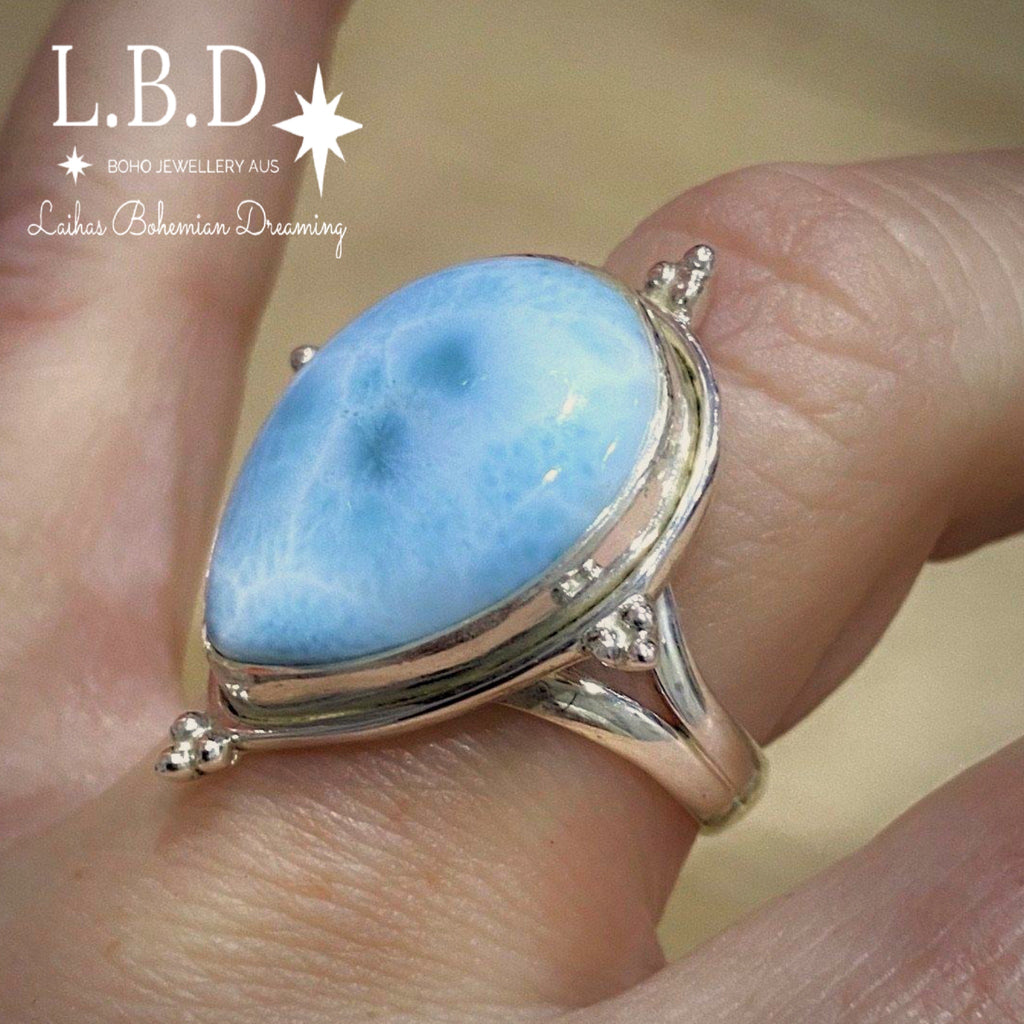 Laihas Zahli Raindrop Larimar Ring Gemstone Sterling Silver Ring Laihas Bohemian Dreaming -L.B.D