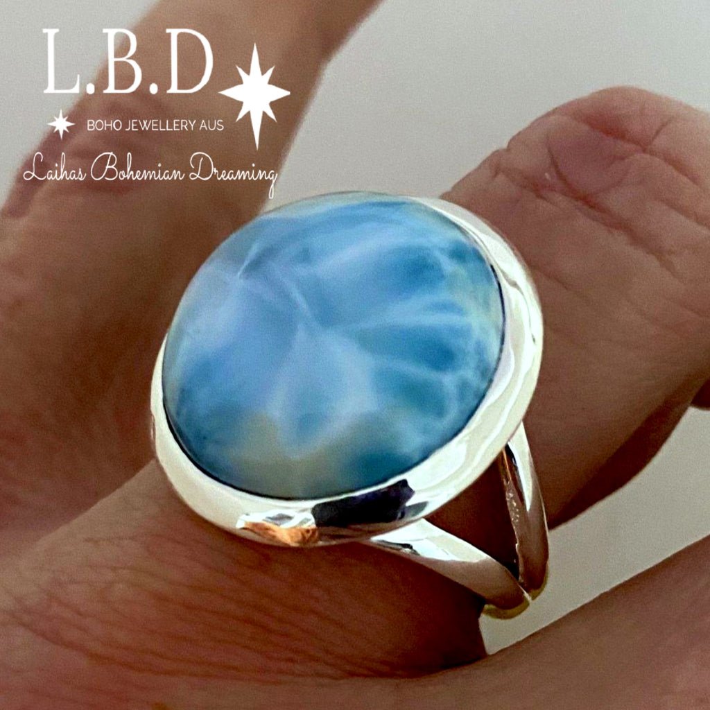 Larimar Ring- Large Round Classic Chic Gemstone Sterling Silver Ring Laihas Bohemian Dreaming -L.B.D