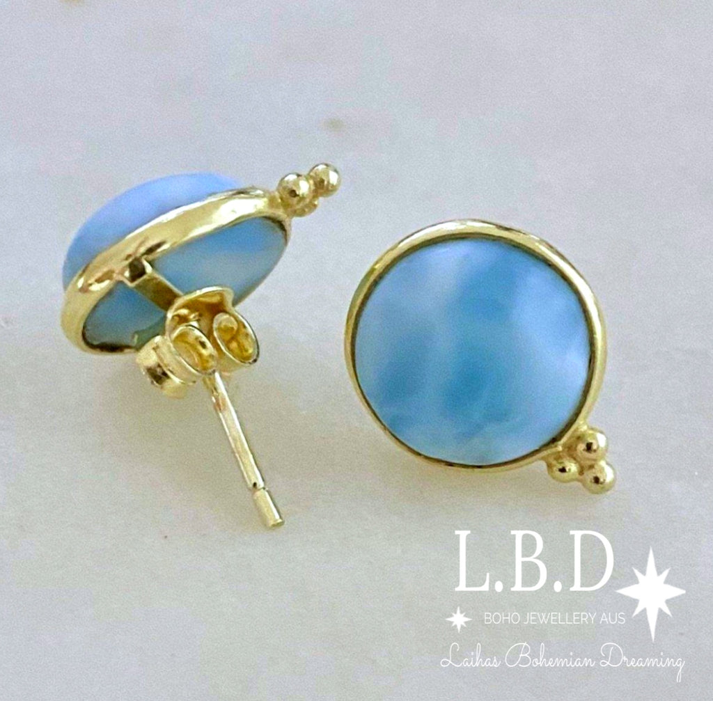 Laihas Free Spirit Gold Larimar Stud Earrings Gold Gemstone earrings Laihas Bohemian Dreaming -L.B.D