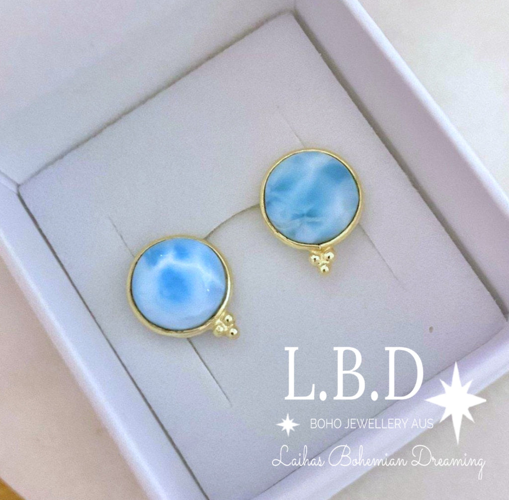 Laihas Free Spirit Gold Larimar Stud Earrings Gold Gemstone earrings Laihas Bohemian Dreaming -L.B.D