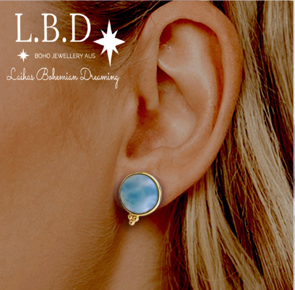 Laihas Free Spirit Gold Larimar Stud Earrings Gold Gemstone earrings Laihas Bohemian Dreaming -L.B.D