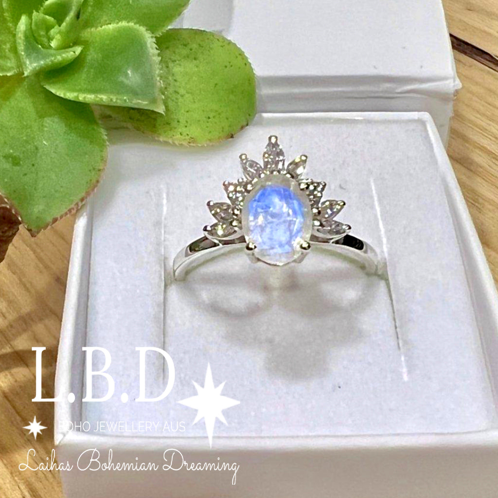 Moonstone Ring- Empress Moonstone and Topaz Crystal Ring Gemstone Sterling Silver Ring Laihas Bohemian Dreaming -L.B.D