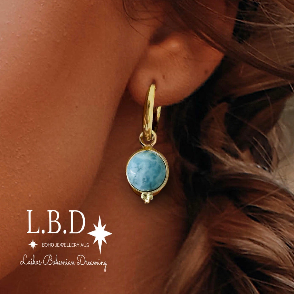 Laihas Free Spirit Gold Larimar Hoop Earrings Gold Gemstone earrings Laihas Bohemian Dreaming -L.B.D