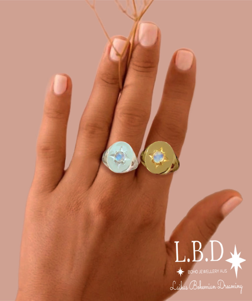 Laihas Hope & Guiding Light Moonstone Ring- Signet Ring Sterling Silver Ring Laihas Bohemian Dreaming -L.B.D