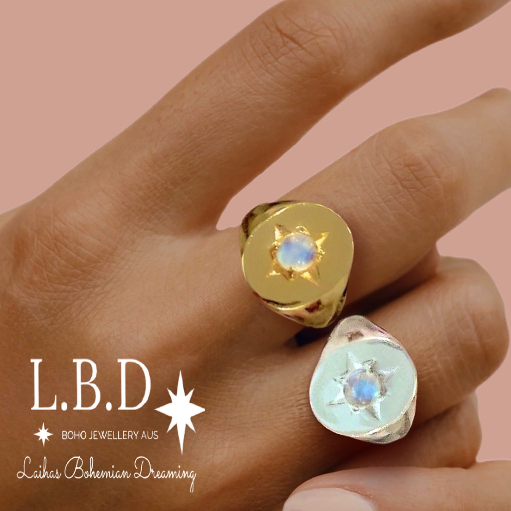 Laihas Hope & Guiding Light Gold Moonstone Ring- Signet Ring Gemstone Gold Ring Laihas Bohemian Dreaming -L.B.D
