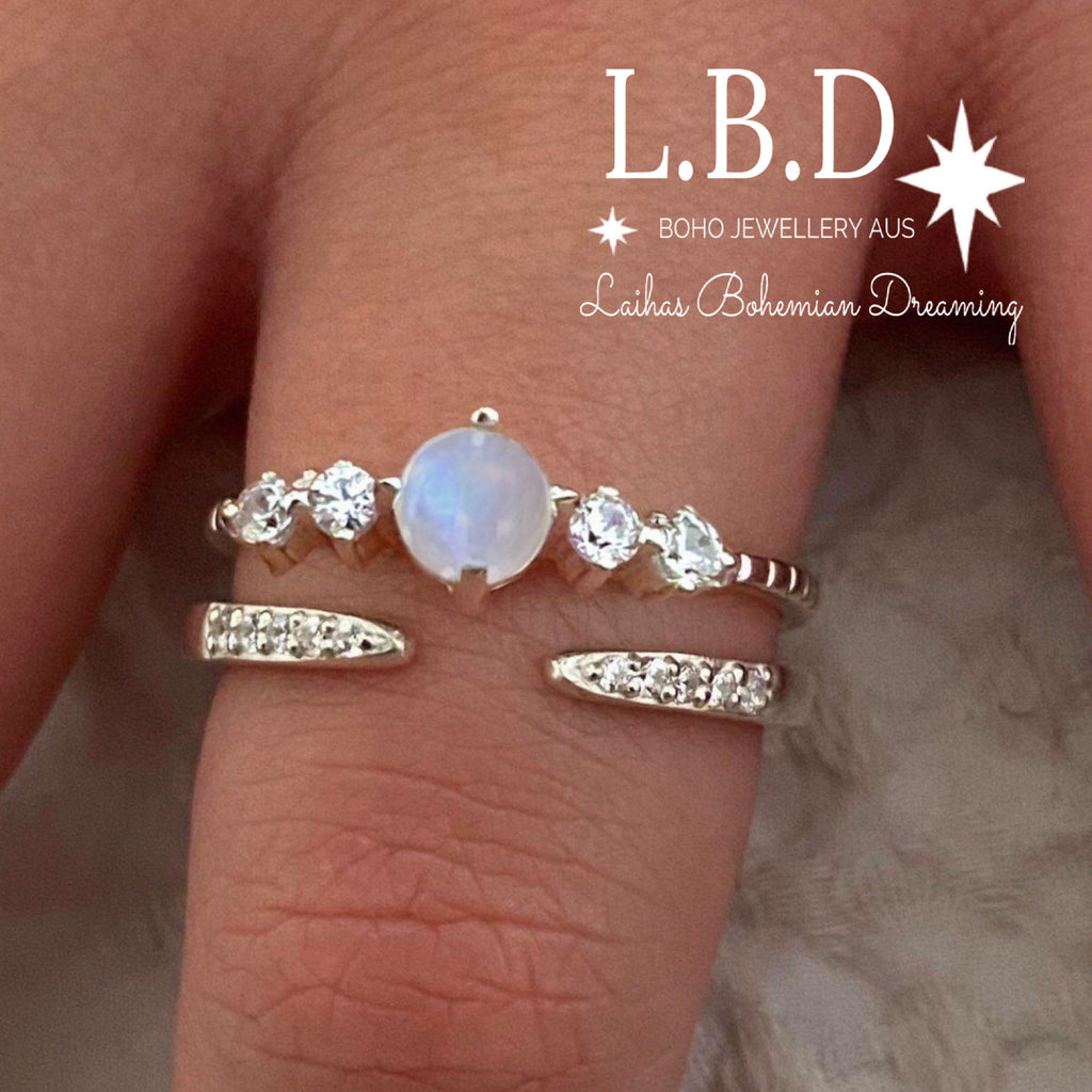 Petite Sparkle Moonstone and Topaz Ring Set Gemstone Sterling Silver Ring Laihas Bohemian Dreaming -L.B.D