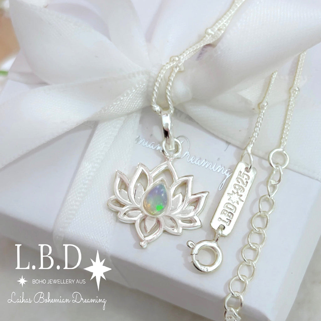 Laihas Opulent Lotus Flower Opal Necklace Gemstone Sterling Silver necklace Laihas Bohemian Dreaming -L.B.D