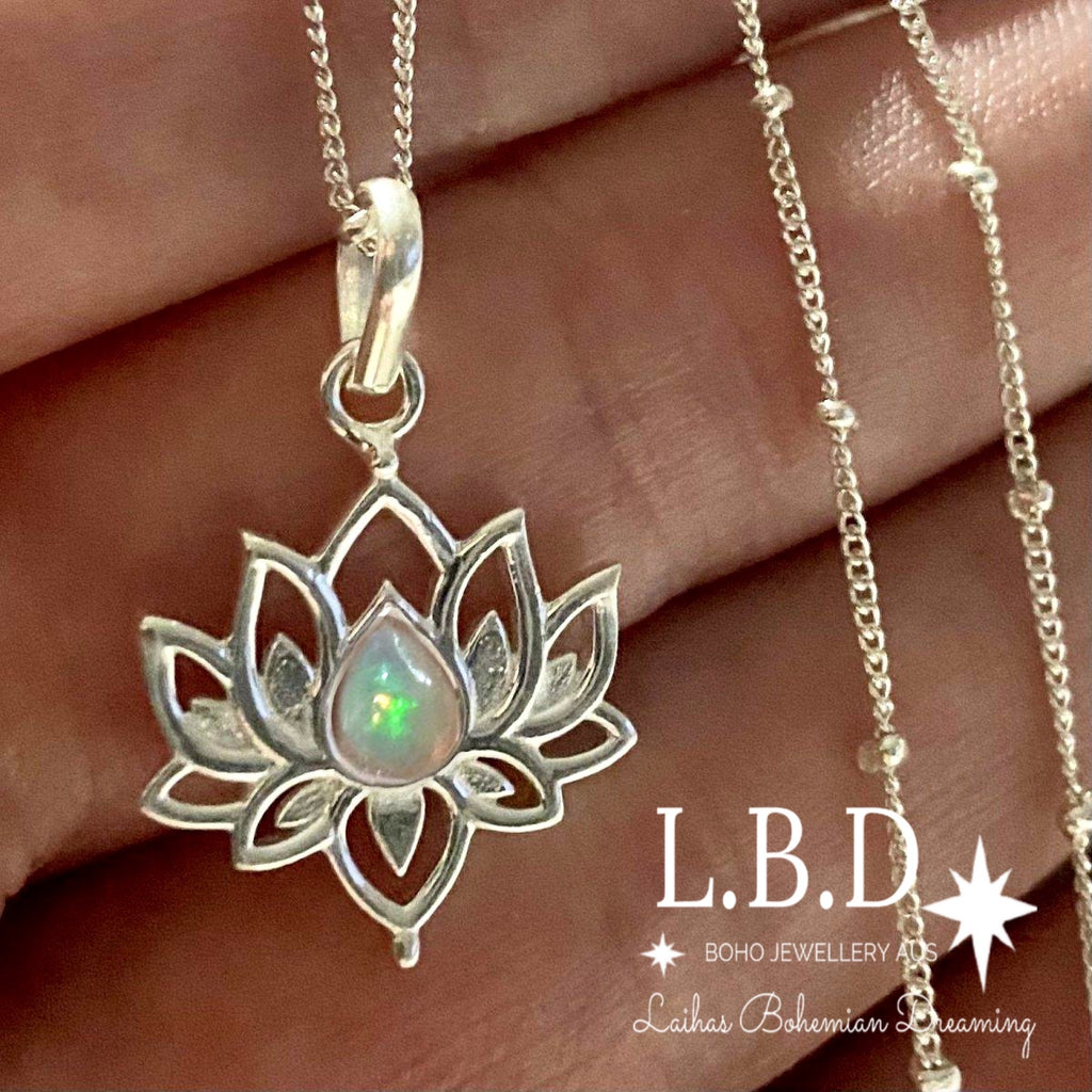 Laihas Opulent Lotus Flower Opal Necklace Gemstone Sterling Silver necklace Laihas Bohemian Dreaming -L.B.D