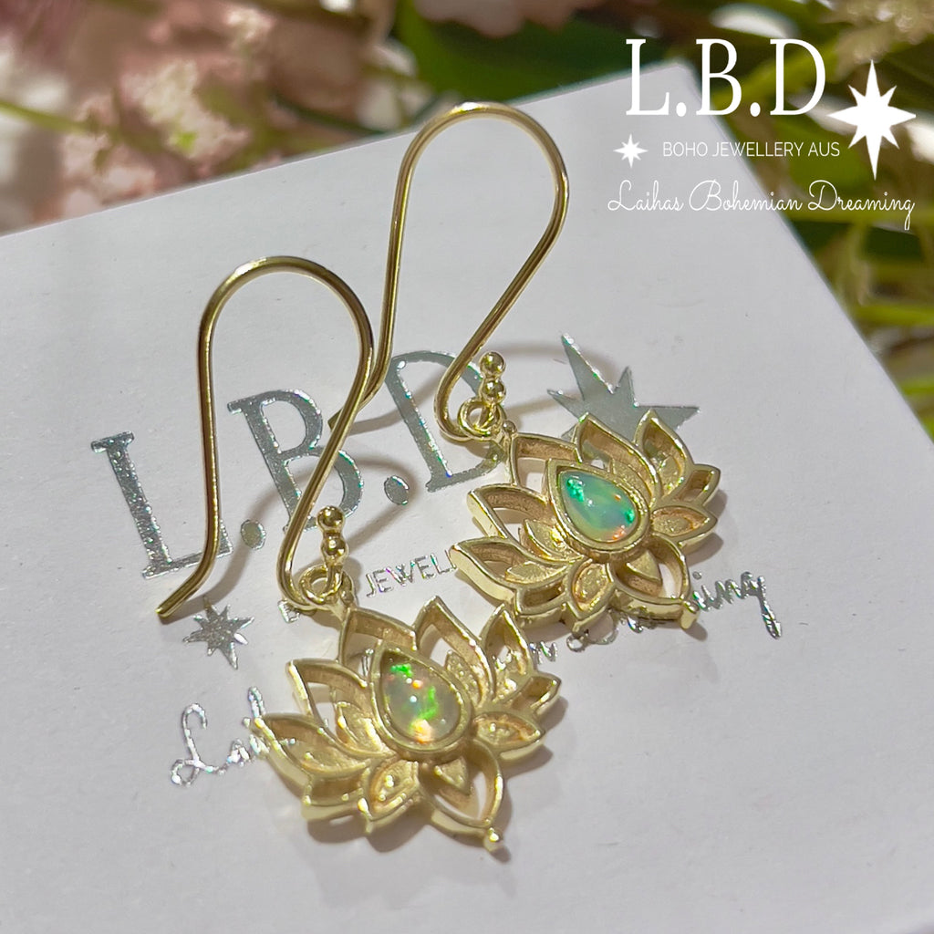 Laihas Opulent Lotus Flower Gold Opal Earrings Gold Gemstone earrings Laihas Bohemian Dreaming -L.B.D