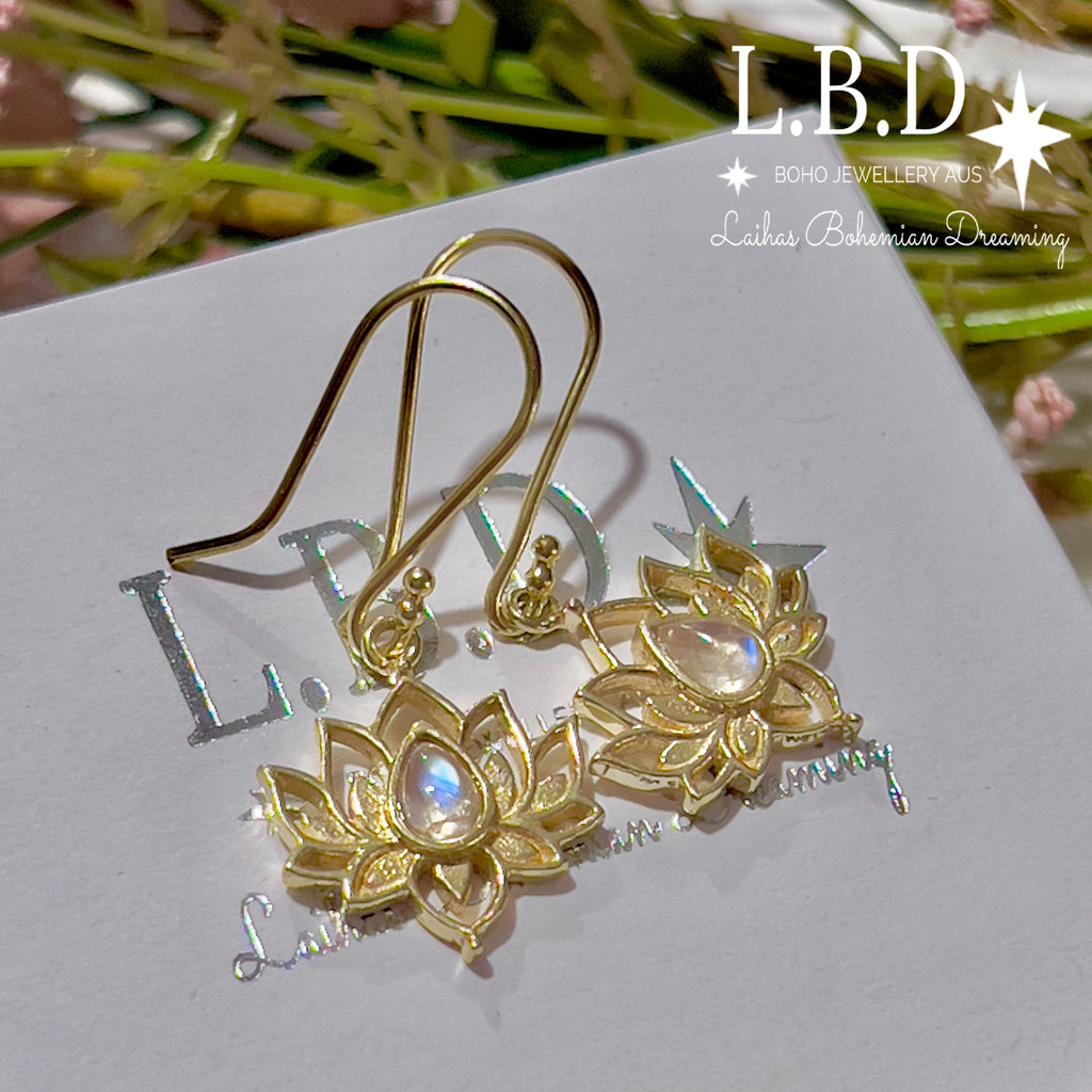 Laihas Opulent Lotus Flower Gold Moonstone Earrings Gold Gemstone earrings Laihas Bohemian Dreaming -L.B.D