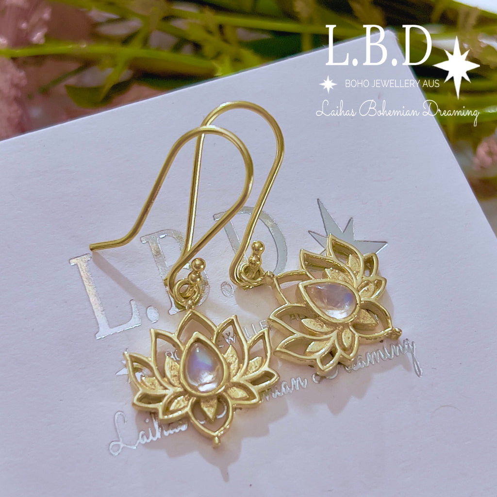 Laihas Opulent Lotus Flower Gold Moonstone Earrings Gold Gemstone earrings Laihas Bohemian Dreaming -L.B.D