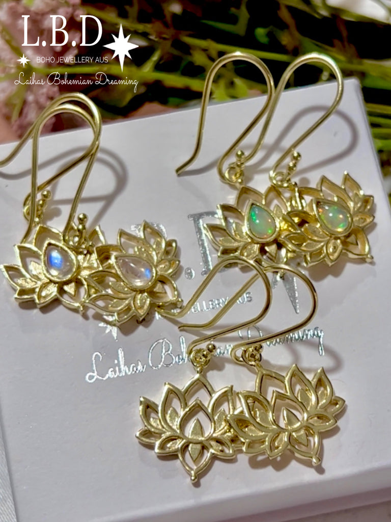 Laihas Opulent Lotus Flower Gold Opal Earrings Gold Gemstone earrings Laihas Bohemian Dreaming -L.B.D