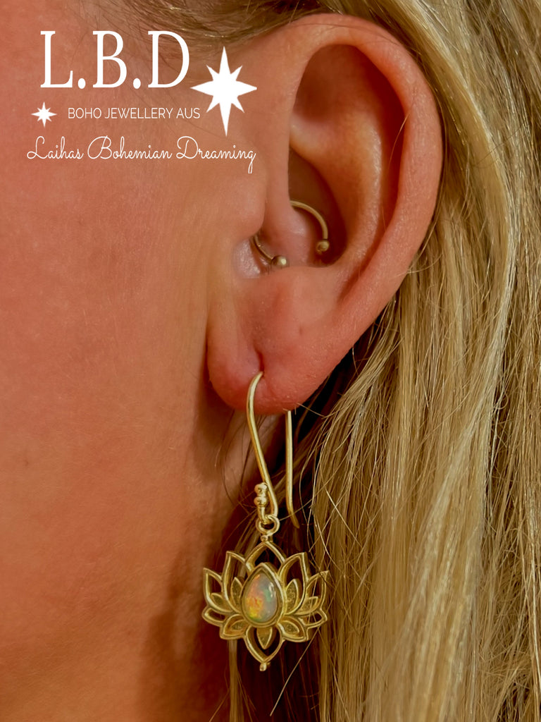 Laihas Opulent Lotus Flower Gold Opal Earrings Gold Gemstone earrings Laihas Bohemian Dreaming -L.B.D