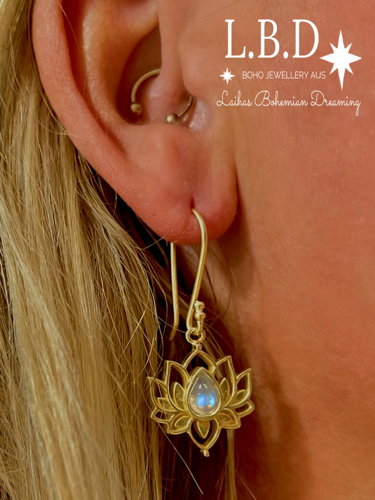 Laihas Opulent Lotus Flower Gold Moonstone Earrings Gold Gemstone earrings Laihas Bohemian Dreaming -L.B.D