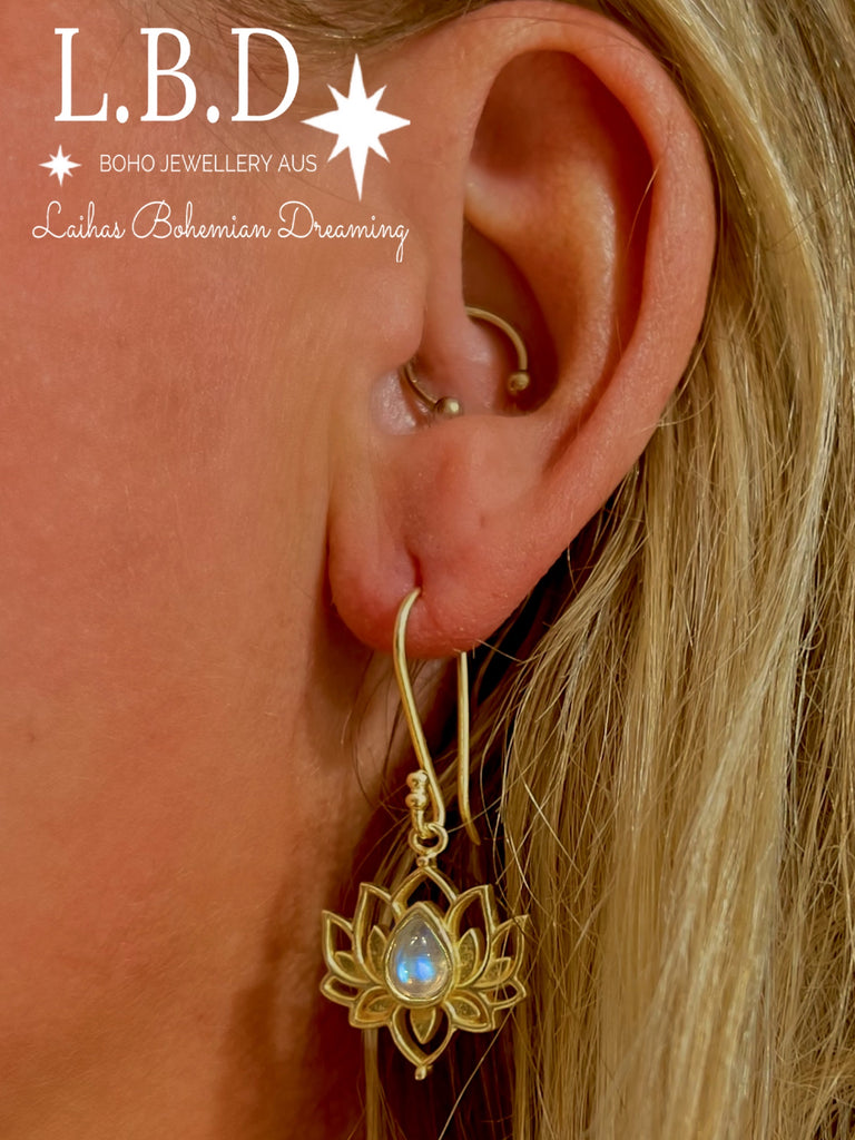 Laihas Opulent Lotus Flower Gold Moonstone Earrings Gold Gemstone earrings Laihas Bohemian Dreaming -L.B.D