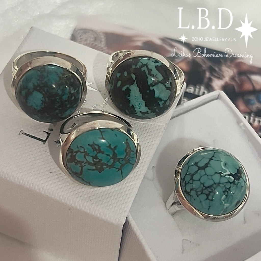 Laihas XLARGE Classic Chic Round Turquoise Ring Gemstone Sterling Silver Ring Laihas Bohemian Dreaming -L.B.D