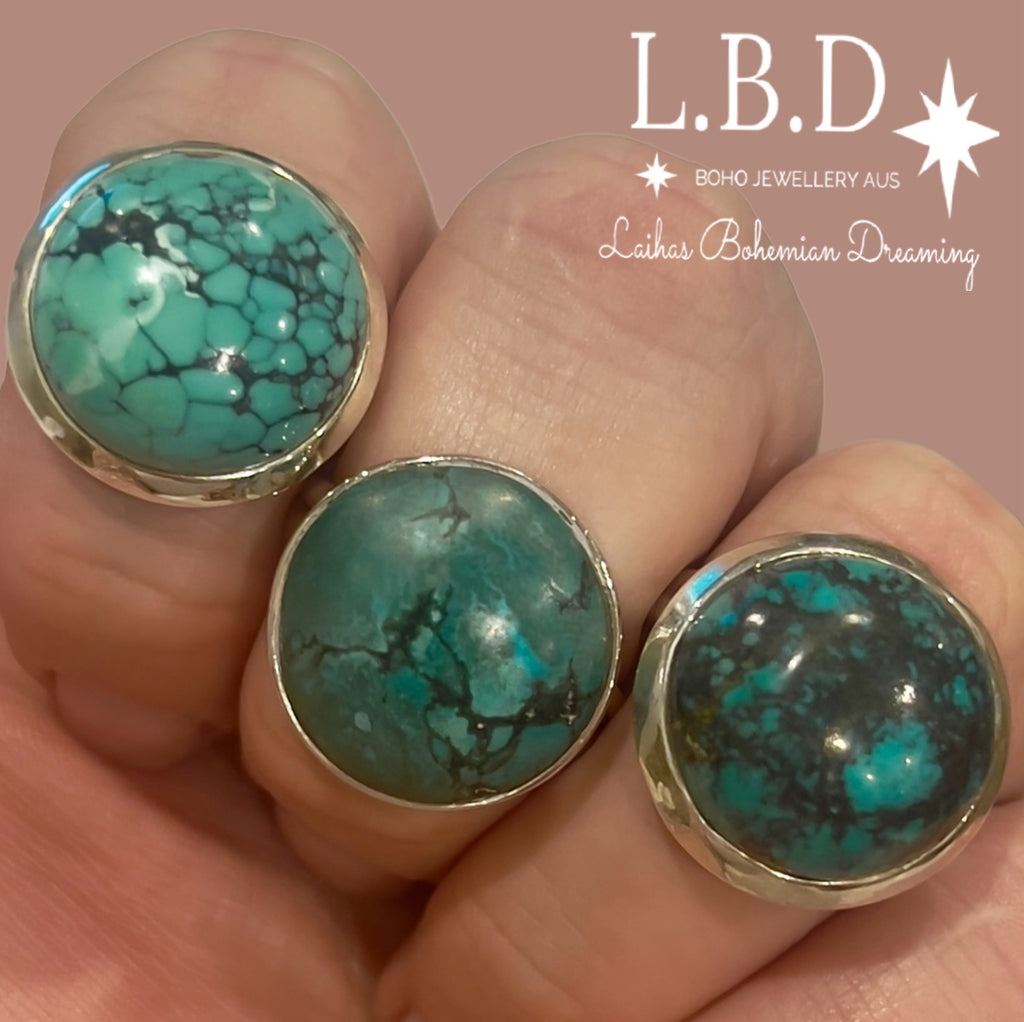 Laihas XLARGE Classic Chic Round Turquoise Ring Gemstone Sterling Silver Ring Laihas Bohemian Dreaming -L.B.D