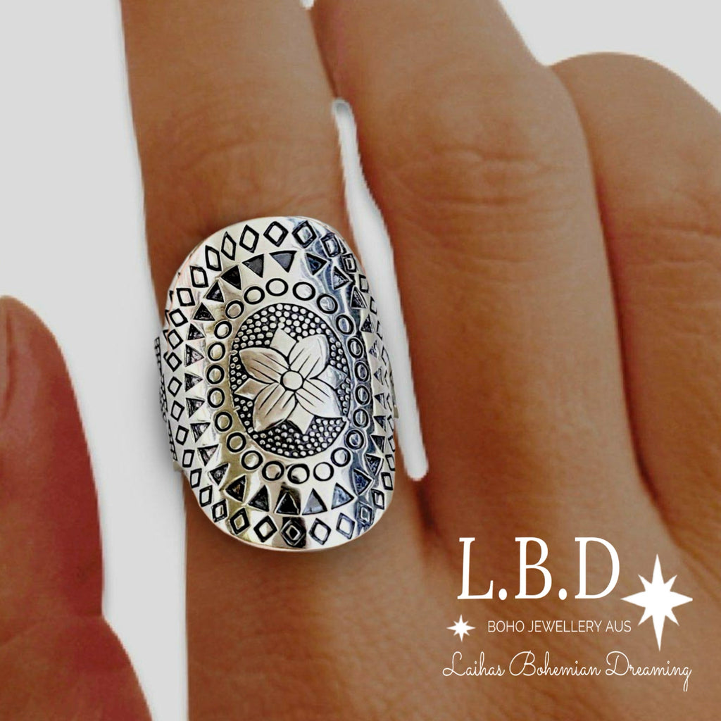 Laihas Boho Floral Shield Sterling Silver Ring Sterling Silver Ring Laihas Bohemian Dreaming -L.B.D