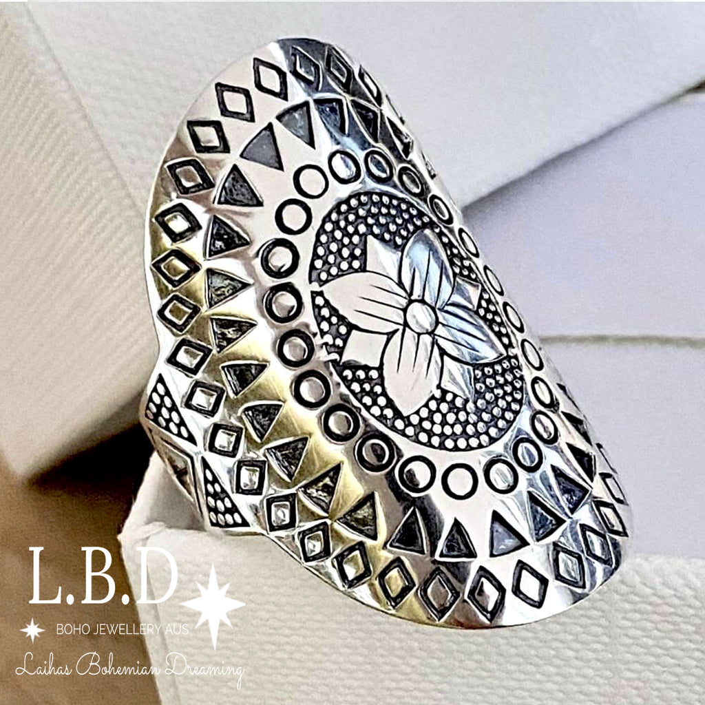 Laihas Boho Floral Shield Sterling Silver Ring Sterling Silver Ring Laihas Bohemian Dreaming -L.B.D