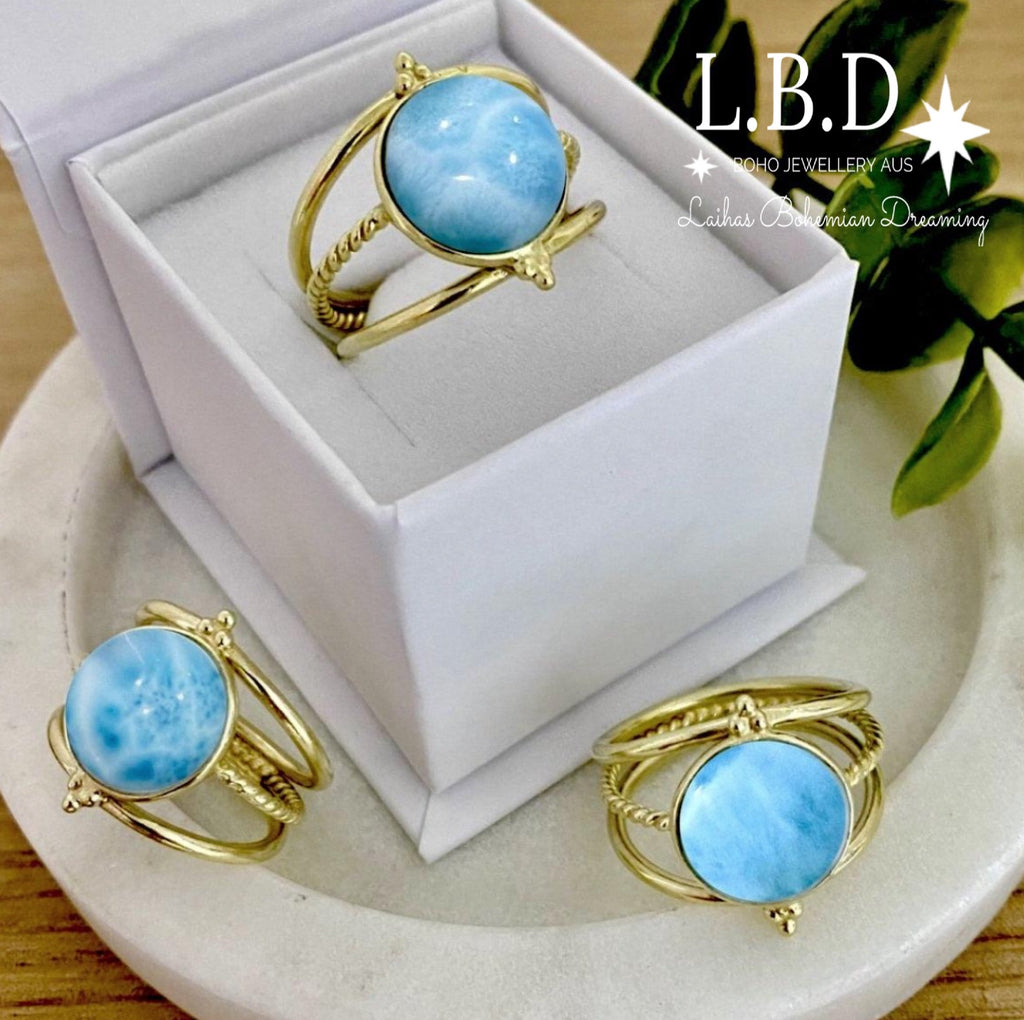 Laihas Free Spirit Gold Larimar Ring Gemstone Gold Ring Laihas Bohemian Dreaming -L.B.D