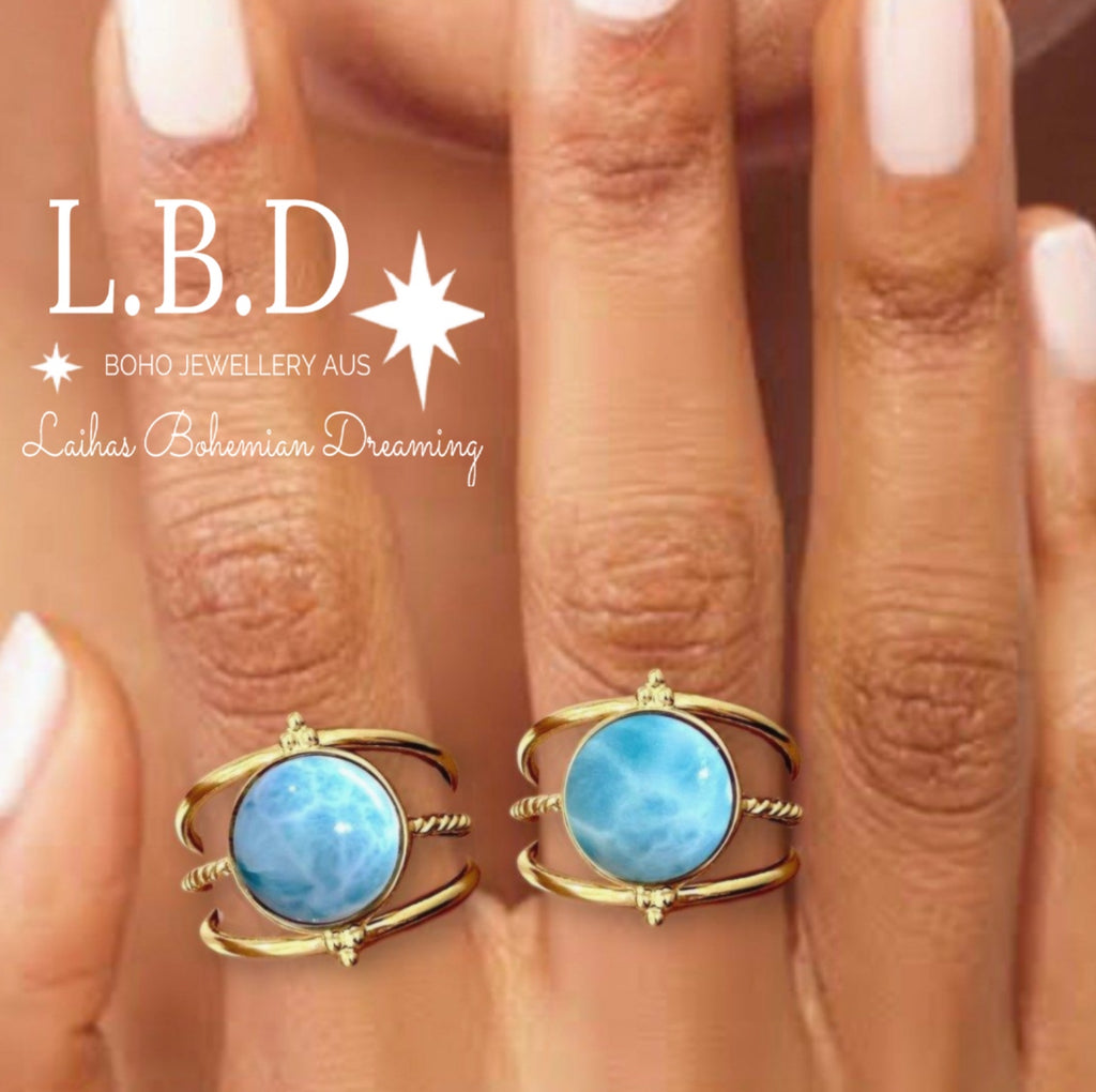 Laihas Free Spirit Gold Larimar Ring Gemstone Gold Ring Laihas Bohemian Dreaming -L.B.D