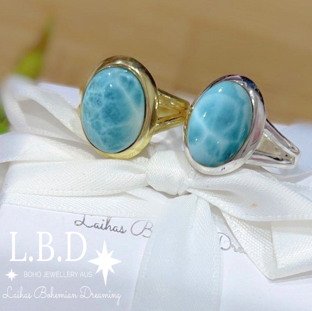 Laihas Classic Chic Oval Larimar Ring Gemstone Sterling Silver Ring Laihas Bohemian Dreaming -L.B.D