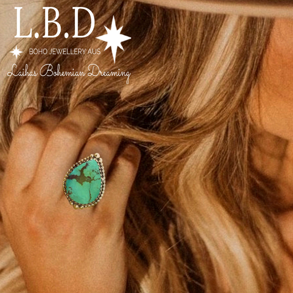 Turquoise Ring- Laihas Bohemian Teardrop Statement Ring Gemstone Sterling Silver Ring Laihas Bohemian Dreaming -L.B.D