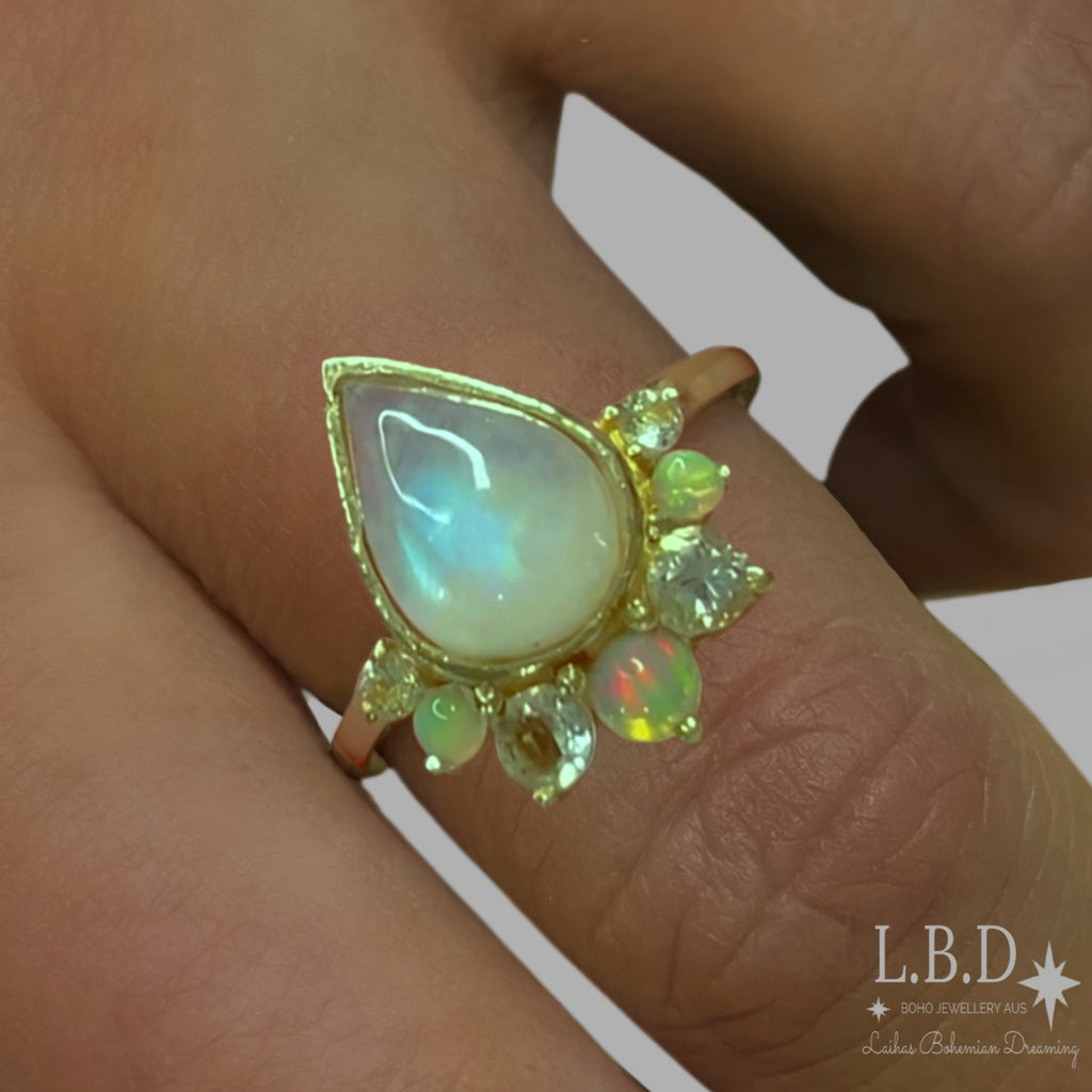 Gold Gemstone Ring. Moonstone, Opal and Topaz Ring. 