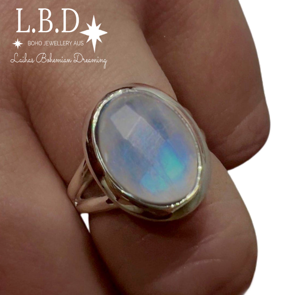 Laihas Iridescent Oval Moonstone Ring Gemstone Sterling Silver Ring Laihas Bohemian Dreaming -L.B.D