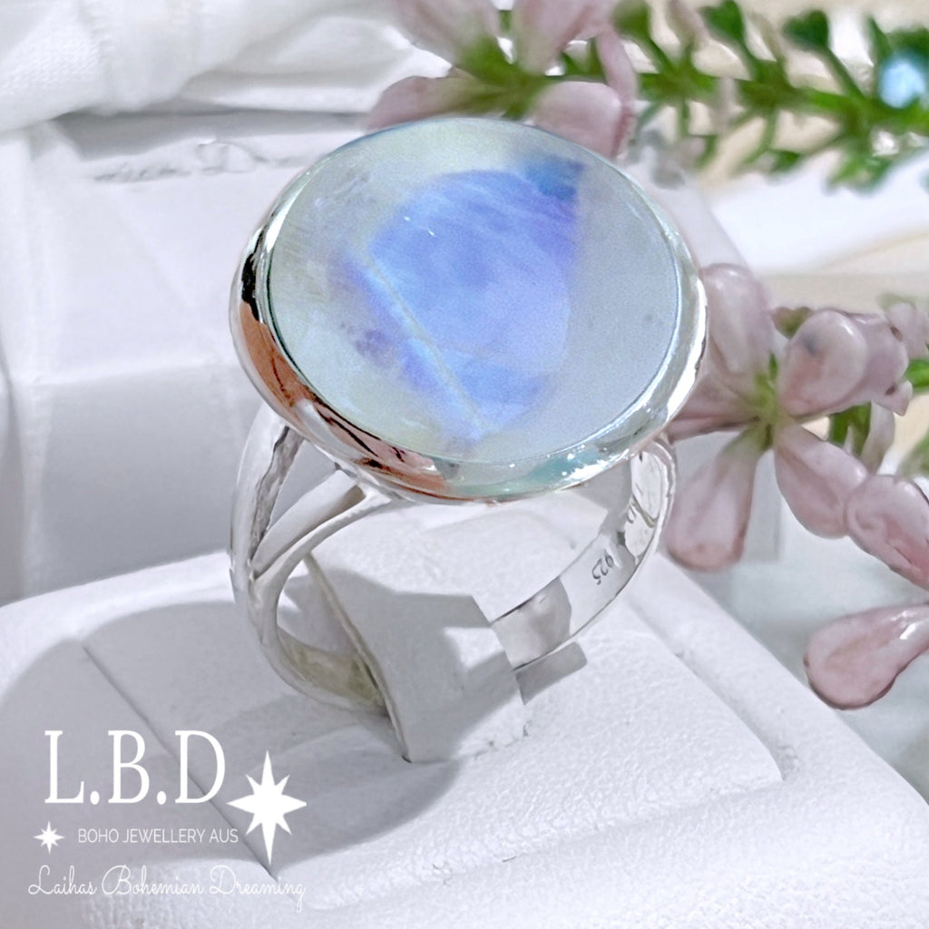 Moonstone Ring -XLarge Round Classic Chic Gemstone Sterling Silver Ring Laihas Bohemian Dreaming -L.B.D