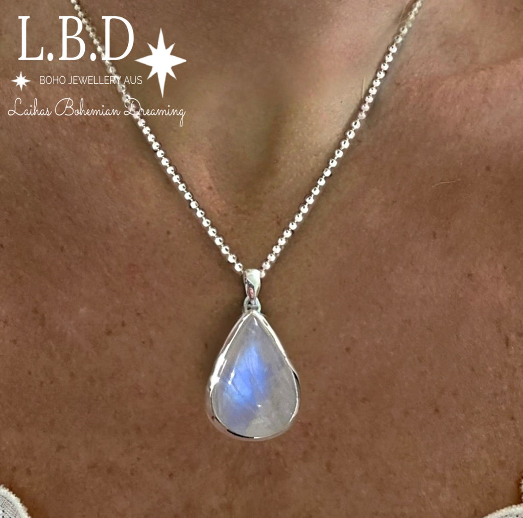 Laihas Classic Chic Raindrop XLARGE Moonstone Necklace Gemstone Sterling Silver necklace Laihas Bohemian Dreaming -L.B.D