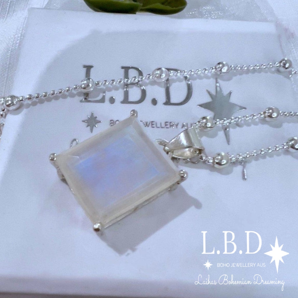 Laihas Miraculous Emerald Cut Moonstone Necklace Gemstone Sterling Silver necklace Laihas Bohemian Dreaming -L.B.D