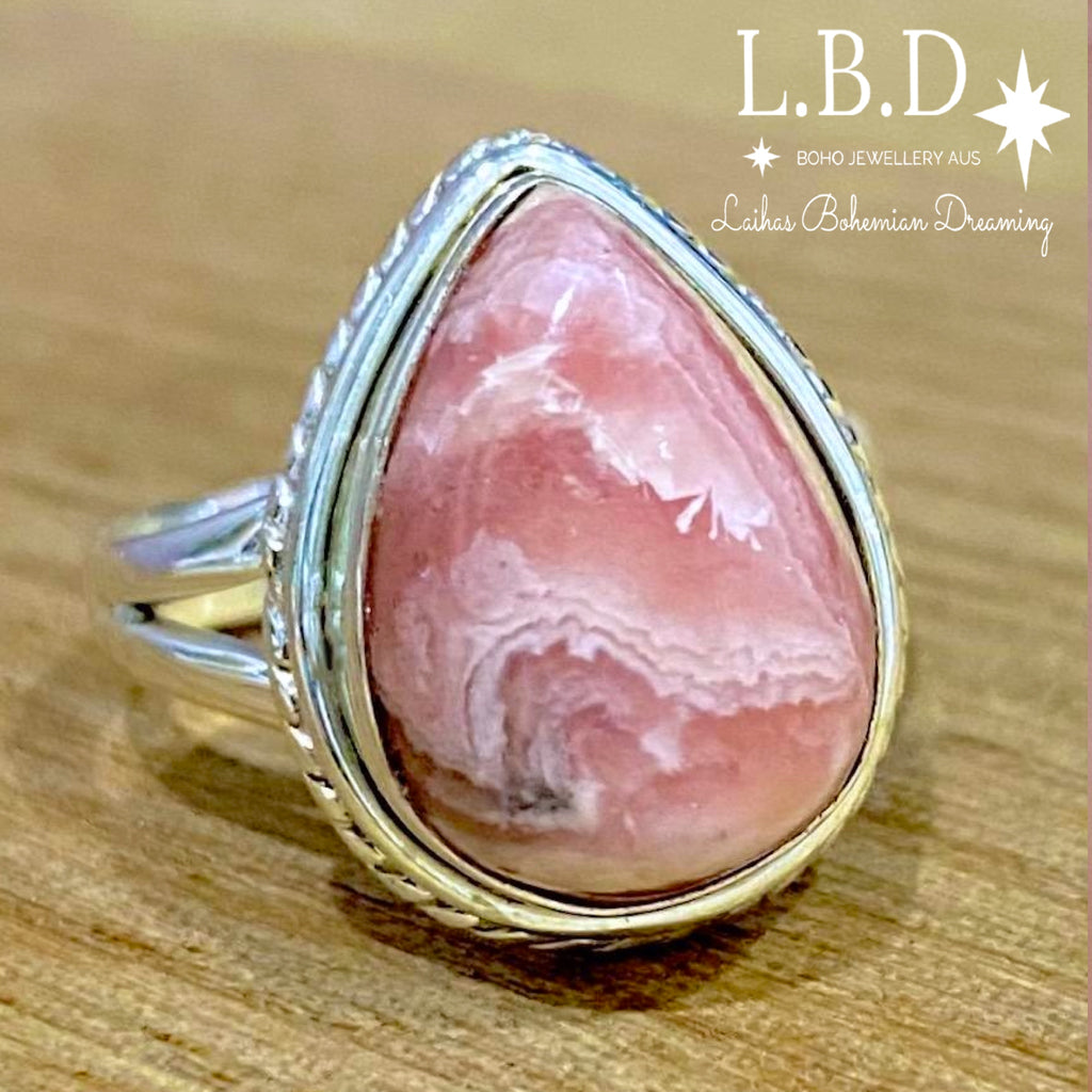 Laihas Twisted Teardrop Rhodochrosite Ring Gemstone Sterling Silver Ring Laihas Bohemian Dreaming -L.B.D