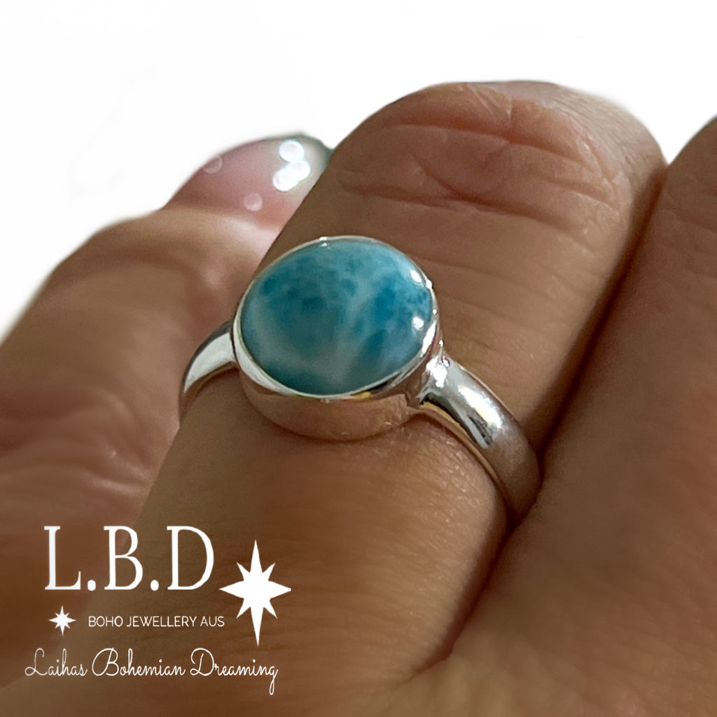 Larimar Ring- 10mm Round Gemstone Sterling Silver Ring Laihas Bohemian Dreaming -L.B.D