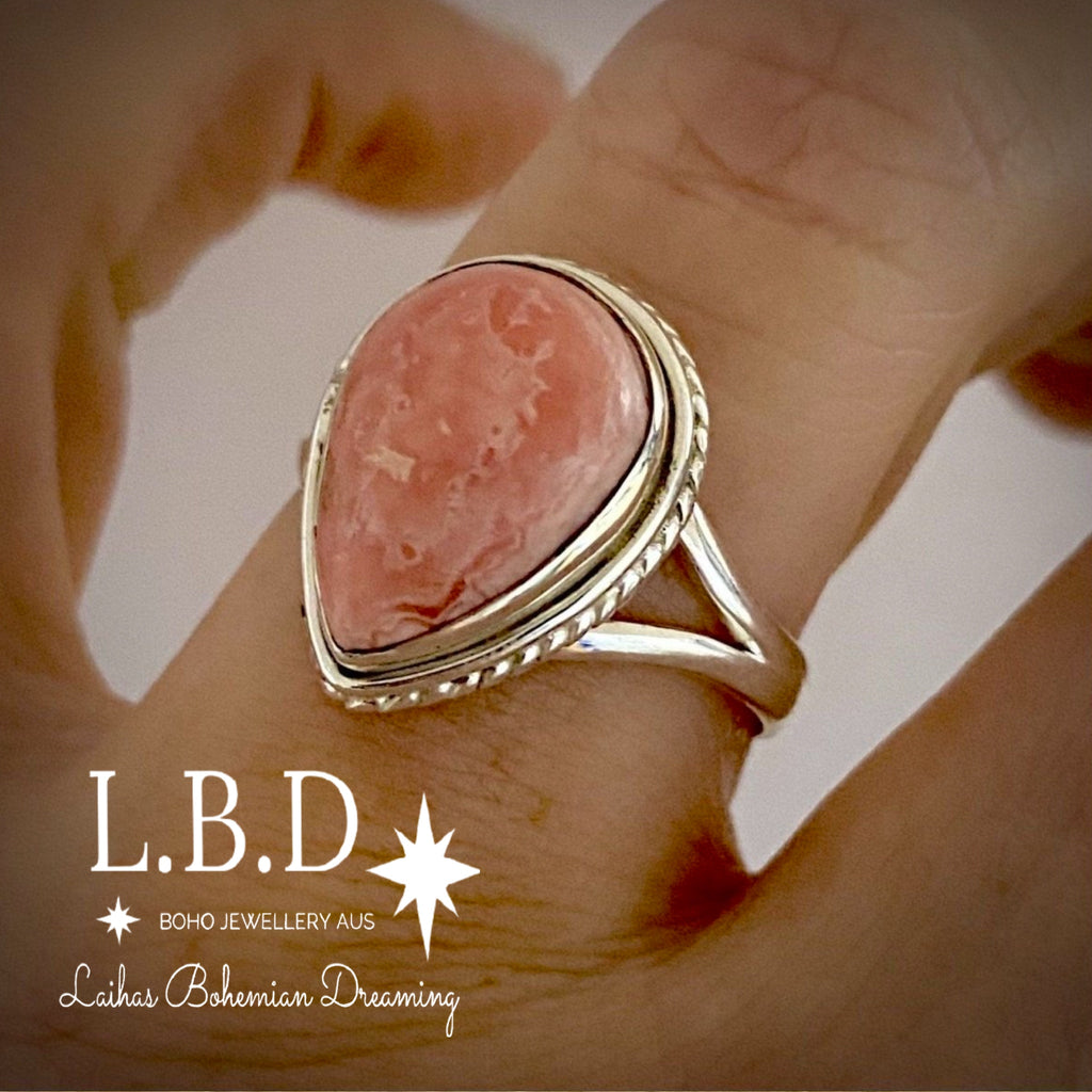 Laihas Twisted Teardrop Rhodochrosite Ring Gemstone Sterling Silver Ring Laihas Bohemian Dreaming -L.B.D