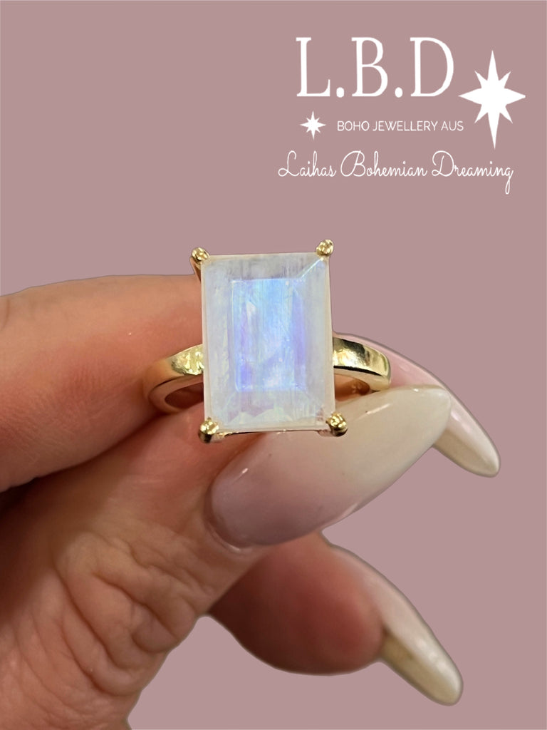 Laihas Miraculous Emerald Cut Crystal Gold Moonstone Ring Gemstone Gold Ring Laihas Bohemian Dreaming -L.B.D