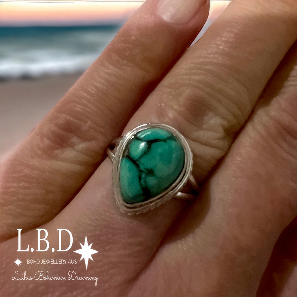 Turquoise Ring- Laihas Twisted Raindrop Gemstone Sterling Silver Ring Laihas Bohemian Dreaming -L.B.D