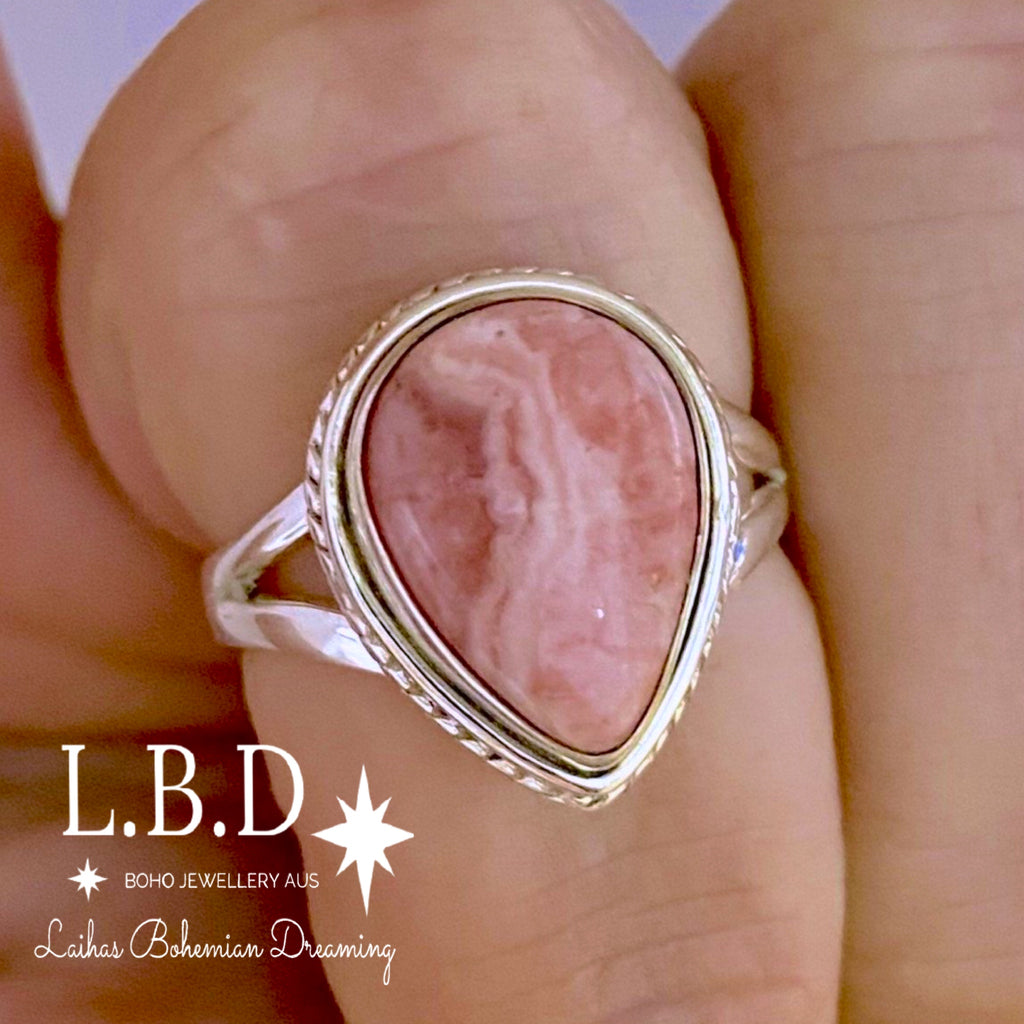 Laihas Twisted Teardrop Rhodochrosite Ring Gemstone Sterling Silver Ring Laihas Bohemian Dreaming -L.B.D